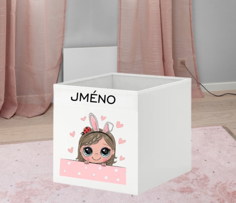 Pevný úložný dětský box do Kallaxu s motivem - hnědovlasá holčička s beruškou - látkový box pro HOLČIČKU - 38 x 33 x 33 cm